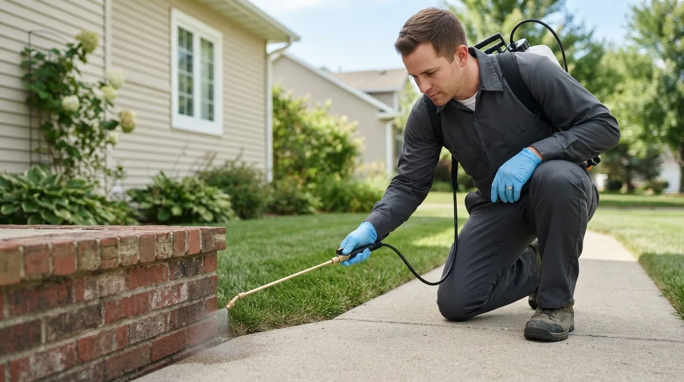 Pest control technician treating a home near Arma, KS